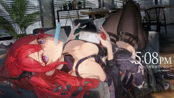 Rule 34 | 1girl, arknights, bare shoulders, black dress, black thighhighs, breasts, buckle, chair, cleavage, couch, day, detached collar, detached sleeves, downblouse, dress, food, from behind, full body, high heels, horns, ice hockey, indoors, knees up, kuroduki (pieat), long sleeves, looking at viewer, looking back, lying, medium breasts, mouth hold, nintendo switch, no shoes, on back, on couch, pillow, plant, playing games, popsicle, potted plant, purple eyes, red hair, shoes, unworn shoes, short dress, slit pupils, solo, surtr (arknights), table, thighhighs, timestamp, translation request, window, zettai ryouiki