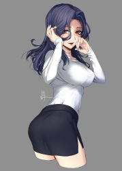 Rule 34 | 1girl, ass, bad anatomy, black skirt, breasts, cowboy shot, cropped legs, grey background, highres, kantai collection, large breasts, long sleeves, looking at viewer, medium hair, nmz (namazu), open mouth, pencil skirt, purple eyes, purple hair, shirt, signature, simple background, skirt, smile, solo, tatsuta (kancolle), white shirt