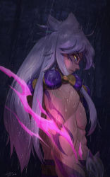 Rule 34 | 1boy, arm tattoo, bead necklace, beads, fox mask, from side, grey hair, highres, jewelry, league of legends, long hair, male focus, maoge, mask, unworn mask, muscular, muscular male, necklace, rain, sett (league of legends), solo, spirit blossom sett, tattoo, upper body, yellow eyes