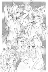 Rule 34 | 1girl, ahoge, animal ears, arms up, blush, border, bowl, cherrydeswa, commentary request, cowboy shot, ear ornament, eating, greyscale, hair between eyes, hair brush, hair ornament, highres, holding, holding bowl, holding brush, holding spoon, horse ears, horse girl, horse tail, long hair, looking at viewer, monochrome, mouth hold, multiple views, oguri cap (umamusume), open mouth, rice, shorts, smile, spoon, tail, umamusume, white border