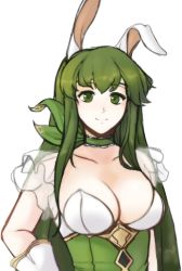 Rule 34 | 1girl, animal ears, breasts, rabbit ears, choker, cleavage, closed mouth, fake animal ears, female focus, fire emblem, fire emblem: mystery of the emblem, fire emblem heroes, frilled choker, frills, gloves, green eyes, green hair, highres, long hair, matching hair/eyes, medium breasts, nintendo, palla (fire emblem), simple background, smile, solo, tridisart, upper body, white background, white gloves