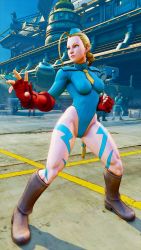 Rule 34 | 1girl, 3d, antenna hair, bare shoulders, blonde hair, blue eyes, blue hat, blue leotard, braid, breasts, cammy white, clenched hand, covered navel, curvy, fighting stance, full body, gloves, groin, hat, highleg, highleg leotard, highres, large breasts, leotard, lips, long hair, red gloves, ryona, screencap, shiny clothes, solo, street fighter, street fighter v, thighs, third-party edit, thong leotard, twin braids, very long hair, wide hips