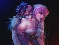 Rule 34 | 2girls, bad id, bad pixiv id, belt, belt buckle, biting, black gloves, blood, blush, breasts, breasts out, buckle, collarbone, couple, earrings, fang, fangs, feather earrings, feather hair, feathers, gloves, gradient hair, green hair, hat, highres, hololive, hololive english, jewelry, large breasts, lips, lipstick, long hair, makeup, medium breasts, mori calliope, multicolored hair, multiple girls, myo-zin, nail polish, neck biting, nipples, nose, nurse, nurse cap, off shoulder, one breast out, open clothes, open mouth, open shirt, orange hair, pale skin, pink hair, pink lips, red eyes, takanashi kiara, teeth, underwear, vampire, virtual youtuber, yuri