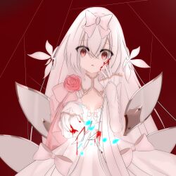Rule 34 | absurdres, blood, blood on face, blood on hands, copyright request, crying, crying with eyes open, dress, flower, hair ornament, hair ribbon, highres, hikari (arcaea), hikari (fatalis) (arcaea), long hair, looking at viewer, open mouth, pink flower, pink rose, red background, red eyes, ribbon, rose, simple background, tears, white dress, white hair