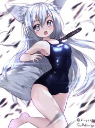 Rule 34 | 1girl, animal ear fluff, animal ears, blue one-piece swimsuit, fox ears, fox tail, highres, korean text, long hair, looking back, name tag, one-piece swimsuit, open mouth, original, petals, school swimsuit, silver hair, simple background, solo, swimsuit, sword, tail, tandozzing, very long hair, weapon, white background, white eyes
