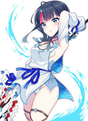 Rule 34 | 1girl, arm behind head, arm up, armpits, bare shoulders, black hair, blue eyes, blue ribbon, blush, breasts, closed mouth, dress, fate/grand order, fate/requiem, fate (series), fundoshi, japanese clothes, jewelry, long sleeves, looking at viewer, magatama, magatama hair ornament, medium breasts, medium hair, mizunashi hayate, multicolored hair, necklace, pelvic curtain, pink hair, polearm, puffy long sleeves, puffy sleeves, ribbon, seigaiha, short dress, sideboob, sideless outfit, simple background, spear, streaked hair, thighs, utsumi erice, weapon, white background, white dress