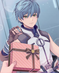 Rule 34 | 1boy, blue hair, blush, box, brown gloves, closed mouth, detached sleeves, fayt leingod, fingerless gloves, fujishino shikino, gift, gift box, gloves, green eyes, hair between eyes, holding, holding gift, incoming gift, looking at viewer, male focus, pov, pov hands, shirt, short hair, simple background, single detached sleeve, sleeveless, smile, star ocean, star ocean till the end of time, valentine, white shirt
