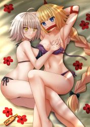Rule 34 | 2girls, ahoge, armpits, arms behind head, arms up, beach, bikini, black bow, blonde hair, blue eyes, blush, bound, bound arms, bow, braid, breasts, dual persona, fate/grand order, fate (series), flower, gag, grabbing, grabbing another&#039;s breast, groping, hair bow, highres, improvised gag, jeanne d&#039;arc (fate), jeanne d&#039;arc (ruler) (fate), jeanne d&#039;arc alter (avenger) (fate), jeanne d&#039;arc alter (fate), kazenokaze, large breasts, long hair, looking at viewer, lotion, lying, medium breasts, multiple girls, navel, on back, sand, short hair, side-tie bikini bottom, silver hair, single braid, smile, stomach, sunscreen, sweat, swimsuit, untied bikini, very long hair, yellow eyes, yuri