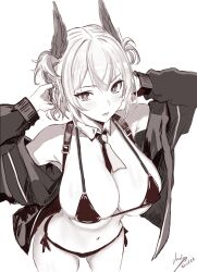 Rule 34 | 1girl, alternate costume, animal ears, arknights, armpits, bikini, bird ears, bird girl, blush, breasts, cleavage, commentary, cowboy shot, dated, detached collar, english commentary, feather hair, fiammetta (arknights), from above, gladius pvp, greyscale, hands on own head, highres, jacket, large breasts, looking at viewer, micro bikini, monochrome, navel, necktie, open clothes, open jacket, parted lips, short hair, short necktie, side-tie bikini bottom, signature, simple background, solo, standing, string bikini, suspenders, swimsuit, white background