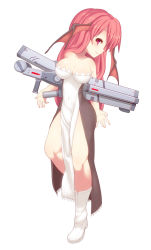 Rule 34 | 1girl, alternate costume, armored core, armored core 3, bare legs, bare shoulders, blush, boots, breasts, cleavage, covered navel, from software, full body, head wings, highres, koakuma, kuresento, large breasts, long hair, looking at viewer, red eyes, red hair, simple background, smile, solo, touhou, white background, wings