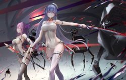 Rule 34 | 2girls, armlet, bracelet, breasts, choker, covered navel, dutch angle, headgear, highres, holding, holding sword, holding weapon, jewelry, katana, long hair, looking at viewer, medium breasts, multiple girls, one side up, original, pink hair, purple eyes, purple hair, revealing clothes, robot, sideboob, smile, sword, thighhighs, virtual youtuber, wangchuan de quanyan, weapon, white legwear