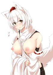 Rule 34 | 1girl, animal ears, black skirt, blush, breasts, breasts out, closed mouth, commentary request, detached sleeves, flying sweatdrops, hat, highres, houkai (collapse illust), inubashiri momiji, large breasts, looking at viewer, nipples, pom pom (clothes), red hat, ribbon-trimmed sleeves, ribbon trim, short hair, simple background, skirt, solo, tail, tokin hat, touhou, upper body, white background, white hair, wide sleeves, wolf ears, wolf girl, wolf tail
