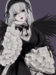 Rule 34 | 1girl, black dress, black hairband, black wings, dress, expressionless, frilled sleeves, frills, gothic lolita, grey hair, hairband, head rest, highres, kiru (m putorius), lolita fashion, lolita hairband, long hair, looking at viewer, red eyes, red lips, rozen maiden, simple background, sketch, solo, suigintou, upper body, wide sleeves, wings