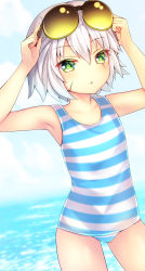 Rule 34 | 1girl, :o, adjusting eyewear, armpits, blue one-piece swimsuit, blush, casual one-piece swimsuit, chestnut mouth, cloud, colored eyelashes, cowboy shot, day, eyebrows, eyewear on head, facial scar, fate/apocrypha, fate/grand order, fate (series), flat chest, glasses, green eyes, hair between eyes, hands up, jack the ripper (fate/apocrypha), looking at viewer, ocean, one-piece swimsuit, outdoors, parted bangs, saotome mirai, scar, scar on cheek, scar on face, short hair, sky, solo, standing, striped clothes, striped one-piece swimsuit, sunglasses, surprised, swimsuit, water, white hair, white one-piece swimsuit