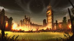 Rule 34 | advarcher, bad id, bad pixiv id, broken, building, burning, burning building, cloud, cloudy sky, commentary request, elizabeth tower, fire, grass, grey sky, night, no humans, outdoors, ruins, scenery, sky, sparks, tower, tree