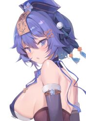 Rule 34 | 1girl, bare shoulders, blue eyes, blush, breast curtains, breasts, covered erect nipples, detached sleeves, drooling, from side, hair between eyes, hair ornament, hat, highres, large breasts, looking at viewer, mouth drool, ofuda, original, parted lips, purple hair, short hair, simple background, solo, tassel, upper body, white background, youguo naberu