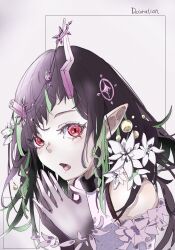 Rule 34 | 1girl, nanashi inc., alternate costume, alternate hair color, black hair, blush, clothing cutout, demon girl, demon horns, dress, fang, flower, gloves, green hair, grey gloves, hair flower, hair ornament, ham-bird, highres, horns, long hair, looking at viewer, multicolored hair, open mouth, pointy ears, portrait, red eyes, shishio chris, shoulder cutout, solo, steepled fingers, sugar lyric, two-tone hair, virtual youtuber, white background, white dress, white flower