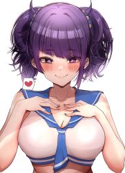 Rule 34 | 1girl, asymmetrical bangs, blunt bangs, blush, breasts, cleavage, collarbone, diagonal bangs, hands on own chest, heart, highres, idolmaster, idolmaster shiny colors, large breasts, looking at viewer, mebunryo (mebunryo2), purple eyes, purple hair, sailor swimsuit (idolmaster), simple background, smile, solo, spoken heart, tanaka mamimi, twintails, upper body, white background