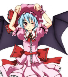 Rule 34 | 1girl, ;), arms up, belt, blush, closed mouth, cowboy shot, dress, female focus, fujy, looking at viewer, one eye closed, pink dress, puffy short sleeves, puffy sleeves, remilia scarlet, short sleeves, simple background, smile, solo, touhou, white background, wink