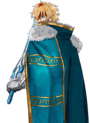 Rule 34 | 1boy, aqua eyes, armor, blonde hair, blood, blood on face, blue cape, cape, cheeeeese0619, fate/grand order, fate (series), fur-trimmed cape, fur trim, highres, holding, holding sword, holding weapon, kay (fate), male focus, rerebrace, short hair, simple background, solo, sword, weapon, white background