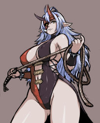 Rule 34 | 1girl, bare shoulders, blue hair, blush, breasts, center opening, cowboy shot, demon girl, elf, covered erect nipples, funamushi (funa), horns, large breasts, long hair, looking at viewer, looking down, mask, pointy ears, ragnarok online, simple background, solo, whip, yellow eyes, zealotus