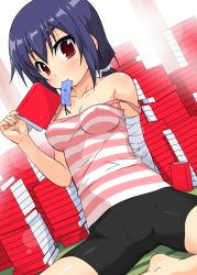Rule 34 | 10s, 1girl, arm behind back, bandages, bare shoulders, barefoot, bike shorts, blue hair, book, bookmark, breasts, cleavage, collarbone, covered erect nipples, dutch angle, highres, holding, k10k, kanbaru suruga, lens flare, looking at viewer, medium breasts, monogatari (series), mouth hold, nisemonogatari, open book, ponytail, red eyes, shiny skin, short hair, sitting, solo, spread legs, strap slip, striped, tank top, too many, too many books, twintails
