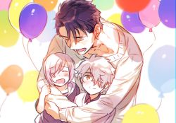 Rule 34 | 1girl, 2boys, aged down, alternate costume, balloon, blush, casual, child, closed eyes, closed mouth, family, fate/grand order, fate (series), father and daughter, father and son, galahad (fate), grand dobu, hair between eyes, hair over one eye, holding, holding balloon, hug, hug from behind, lancelot (fate/grand order), mash kyrielight, multiple boys, one eye covered, open mouth, purple hair, short hair, smile, yellow eyes