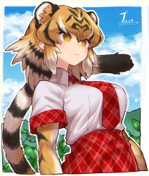 Rule 34 | 1girl, absurdres, animal ear fluff, animal ears, animal print, black hair, blonde hair, blue sky, breasts, cloud, day, elbow gloves, expressionless, extra ears, gloves, hair between eyes, highres, kemono friends, large breasts, looking away, medium hair, multicolored hair, necktie, notora, outdoors, outline, plaid, plaid necktie, plaid neckwear, plaid skirt, plaid trim, plant, print gloves, shirt, short sleeves, skirt, sky, solo, striped tail, tail, tiger (kemono friends), tiger ears, tiger girl, tiger print, tiger tail, white hair, white outline, white shirt, wing collar, yellow eyes