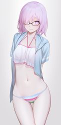 Rule 34 | 1girl, arms behind back, bikini, blue jacket, closed mouth, collarbone, commentary request, fate/grand order, fate (series), glasses, hair between eyes, hair over one eye, highres, jacket, kuen (kuennn12), lips, looking at viewer, mash kyrielight, mash kyrielight (swimsuit of perpetual summer ver.02), navel, official alternate costume, open clothes, pink hair, purple eyes, short hair, side-tie bikini bottom, simple background, smile, solo, stomach, striped bikini, striped clothes, swimsuit