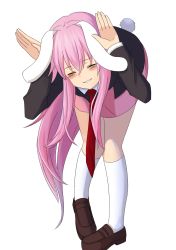 Rule 34 | 1girl, animal ears, bad id, bad pixiv id, bent over, black jacket, blazer, blush, closed eyes, commentary request, full body, grin, highres, jacket, kneehighs, leg up, long hair, pink skirt, purple hair, rabbit ears, rabbit girl, rabbit pose, rabbit tail, reisen udongein inaba, shirt, simple background, skirt, smile, socks, solo, standing, tail, touhou, user ydkz3747, very long hair, white background, white shirt, white socks