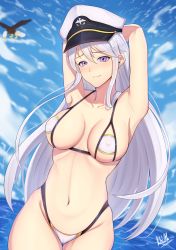 Rule 34 | 1girl, absurdres, armpits, arms up, azur lane, band-width, bikini, bird, blush, breasts, cameltoe, cloud, cloudy sky, collarbone, commentary, covered erect nipples, cowboy shot, day, eagle, enterprise (azur lane), gluteal fold, hair between eyes, hat, highres, long hair, looking at viewer, medium breasts, military hat, navel, ocean, outdoors, purple eyes, signature, silver hair, simple background, skindentation, sky, smile, solo, straight hair, string bikini, swimsuit, white hat