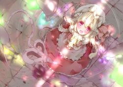 Rule 34 | 1girl, :o, blonde hair, blush, cross, hugging doll, fang, female focus, flandre scarlet, floor, from above, glowing, glowing wings, hat, hat ribbon, laevatein, light, long sleeves, looking up, hugging object, open mouth, partially submerged, petals, pointy ears, red eyes, ribbon, ripples, shadow, short hair, shunsuke, side ponytail, skirt, solo, stuffed animal, stuffed rabbit, stuffed toy, touhou, water, wide-eyed, wings