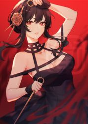 Rule 34 | 1girl, arm up, black dress, black hair, blush, breasts, cleavage, collarbone, commentary, dagger, dress, earrings, english commentary, fingerless gloves, gloves, gold earrings, gold hairband, hair bun, hairband, holding, holding dagger, holding knife, holding weapon, jewelry, juwei, knife, large breasts, looking at viewer, parted lips, red background, short hair with long locks, sidelocks, single hair bun, solo, spy x family, stiletto (weapon), two-sided dress, two-sided fabric, weapon, yor briar