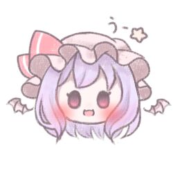 Rule 34 | 1girl, :d, bat wings, blush, chibi, grey hair, hat, head only, looking at viewer, mitama311, mob cap, open mouth, red eyes, remilia scarlet, short hair, simple background, smile, solo, star (symbol), touhou, white background, wings