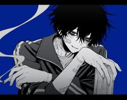 Rule 34 | 1boy, absurdres, bags under eyes, bandaid, bandaid on arm, bandaid on cheek, bandaid on face, bandaid on neck, blue background, can, cigarette, greyscale, hair between eyes, highres, holding, holding can, holding cigarette, imai akira, jacket, letterboxed, looking at viewer, male focus, messy hair, monochrome, original, scar, self-harm scar, shirt, smoke, smoking, solo, track jacket, upper body