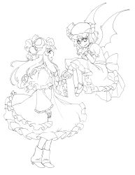 Rule 34 | 2girls, absurdres, bat wings, female focus, floating, frills, greyscale, hat, highres, holding hands, lineart, long hair, loose socks, mary janes, matilda (matildax), monochrome, multiple girls, patchouli knowledge, remilia scarlet, robe, shoes, short hair, smile, socks, touhou, wings