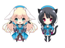 Rule 34 | 10s, 2girls, :d, animal ears, ascot, atago (kancolle), ayase hazuki, bad id, bad pixiv id, beret, black hair, black legwear, blonde hair, blue eyes, bow, bowtie, rabbit ears, cat ears, cat tail, chibi, garter straps, hand on own hip, hat, kantai collection, long hair, looking at viewer, machinery, multiple girls, open mouth, outstretched arms, pantyhose, red eyes, short hair, smile, spread arms, tail, takao (kancolle), uniform