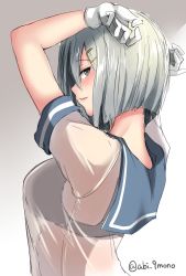 Rule 34 | 1girl, abi (abimel10), black bra, blue eyes, blush, bra, bra visible through clothes, breasts, from behind, from side, gloves, grin, hair ornament, hairclip, hamakaze (kancolle), hands up, highres, kantai collection, large breasts, looking at viewer, looking back, sailor collar, school uniform, see-through, serafuku, short hair, silver hair, simple background, smile, solo, twitter username, underwear, upper body, white background, white gloves