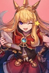Rule 34 | 1girl, :d, ;), blonde hair, book, bracer, cagliostro (granblue fantasy), granblue fantasy, hairband, hand on own hip, highres, holding, kuroi susumu, long hair, one eye closed, open mouth, purple eyes, simple background, smile, solo, spiked hairband, spikes, tiara