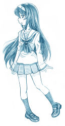 Rule 34 | 1girl, bbb (friskuser), blouse, blue theme, commentary, full body, girls und panzer, hairband, highres, loafers, long hair, long sleeves, looking at viewer, miniskirt, monochrome, neckerchief, ooarai school uniform, parted lips, pleated skirt, reizei mako, school uniform, serafuku, shirt, shoes, skirt, socks, solo, standing