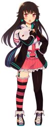 Rule 34 | 1girl, asymmetrical legwear, black hair, blush, coat, dress, frilled dress, frills, hair bobbles, hair ornament, highres, long hair, moe on drop, mugiame (anpu), open mouth, original, overcoat, pantyhose, red dress, red eyes, single leg pantyhose, solo, striped clothes, striped thighhighs, stuffed toy, thighhighs, transparent background, uneven legwear
