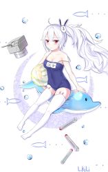 Rule 34 | 1girl, absurdres, ahoge, azur lane, barefoot, blush, breasts, cleavage, dot nose, eyes visible through hair, hair ornament, highres, laffey (azur lane), long hair, medium breasts, ponytail, red eyes, simple background, sitting, strap slip, swimsuit, thighhighs, twintails, water float, white background, white hair