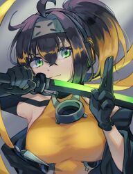 Rule 34 | 1girl, ahoge, bare shoulders, black hair, blonde hair, breasts, duel monster, elbow gloves, forehead protector, gloves, gradient hair, green eyes, headphones, highres, holding, holding sword, holding weapon, kuji-in, large breasts, multicolored hair, pipu 012, ponytail, s-force rappa chiyomaru, sleeveless, solo, sword, weapon, yu-gi-oh!