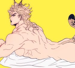 Rule 34 | 1boy, ass, back, bed sheet, black lips, blonde hair, commentary, dio brando, earrings, highres, jewelry, jojo no kimyou na bouken, lipstick, long hair, looking at viewer, lying, lynx boy, lynx ears, lynx tail, makeup, male focus, muscular, muscular male, naked sheet, nude, on stomach, pectorals, red eyes, scar, scar on neck, shenshan laolin, simple background, stardust crusaders, symbol-only commentary, tail, yellow background