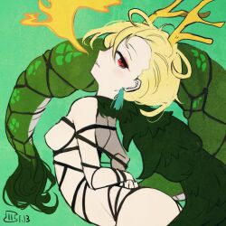 Rule 34 | 1girl, antlers, arched back, arms behind back, bdsm, blonde hair, bondage, bound, bound arms, dragon girl, dragon horns, dragon tail, horns, kicchou yachie, looking at viewer, maaru (akira428), one-hour drawing challenge, red eyes, shibari, short hair, tail, touhou, yellow horns