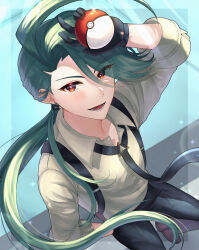 Rule 34 | 1girl, absurdres, arm up, black gloves, black necktie, black pants, bright pupils, collared shirt, commentary request, creatures (company), earrings, game freak, gloves, green hair, hand on own hip, hazuki 0917, highres, holding, holding poke ball, jewelry, long hair, looking at viewer, lower teeth only, necktie, nintendo, open mouth, orange eyes, pants, poke ball, poke ball (basic), pokemon, pokemon sv, ponytail, rika (pokemon), shirt, shoes, solo, suspenders, teeth