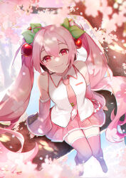 Rule 34 | 1girl, absurdres, boots, cherry blossoms, cherry hair ornament, closed mouth, collared shirt, detached sleeves, dress shirt, food-themed hair ornament, hair between eyes, hair ornament, hatsune miku, headphones, headset, highres, in tree, long hair, long sleeves, looking at viewer, mamo (fortune-mm), microphone, miniskirt, pink footwear, pink hair, pink skirt, pink sleeves, pleated skirt, red eyes, sakura miku, shirt, sitting, sitting in tree, skirt, sleeveless, sleeveless shirt, smile, solo, spring (season), thigh boots, thighhighs, tree, twintails, very long hair, vocaloid, white shirt, wing collar, zettai ryouiki