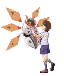 Rule 34 | 1girl, ahoge, blush stickers, brown footwear, brown hair, closed eyes, commentary request, creatures (company), game freak, hands up, highres, iron moth, juliana (pokemon), kino0nok0, necktie, nintendo, open mouth, pokemon, pokemon (creature), pokemon sv, purple shorts, shirt, shoes, short sleeves, shorts, simple background, socks, standing, twitter username, watermark, white background