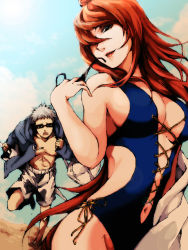 Rule 34 | 1boy, 1girl, akagi soushi, animal print, blue one-piece swimsuit, breasts, brown hair, casual one-piece swimsuit, choujuurou (naruto), cleavage, cow print, day, glasses, green eyes, grey hair, hair over one eye, holding, holding sword, holding weapon, long hair, male swimwear, naruto (series), naruto shippuuden, one-piece swimsuit, outdoors, print male swimwear, print swim trunks, print swimsuit, short hair, swim trunks, swimsuit, sword, terumi mei, very long hair, weapon, white male swimwear, white swim trunks