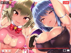 Rule 34 | 2girls, animal ears, arm up, armlet, armpits, bare shoulders, bell, blue hair, blush, bow, breasts, cat cutout, cat ears, cat tail, cleavage, cleavage cutout, clothing cutout, demon horns, demon wings, doskoinpo, dress, fake animal ears, fang, green hair, hair bow, heart, heart-shaped pupils, highres, horns, jingle bell, large breasts, looking at viewer, multiple girls, naughty face, navel, original, red eyes, red neckwear, skindentation, smile, symbol-shaped pupils, tail, tongue, tongue out, upper body, wings, youtube